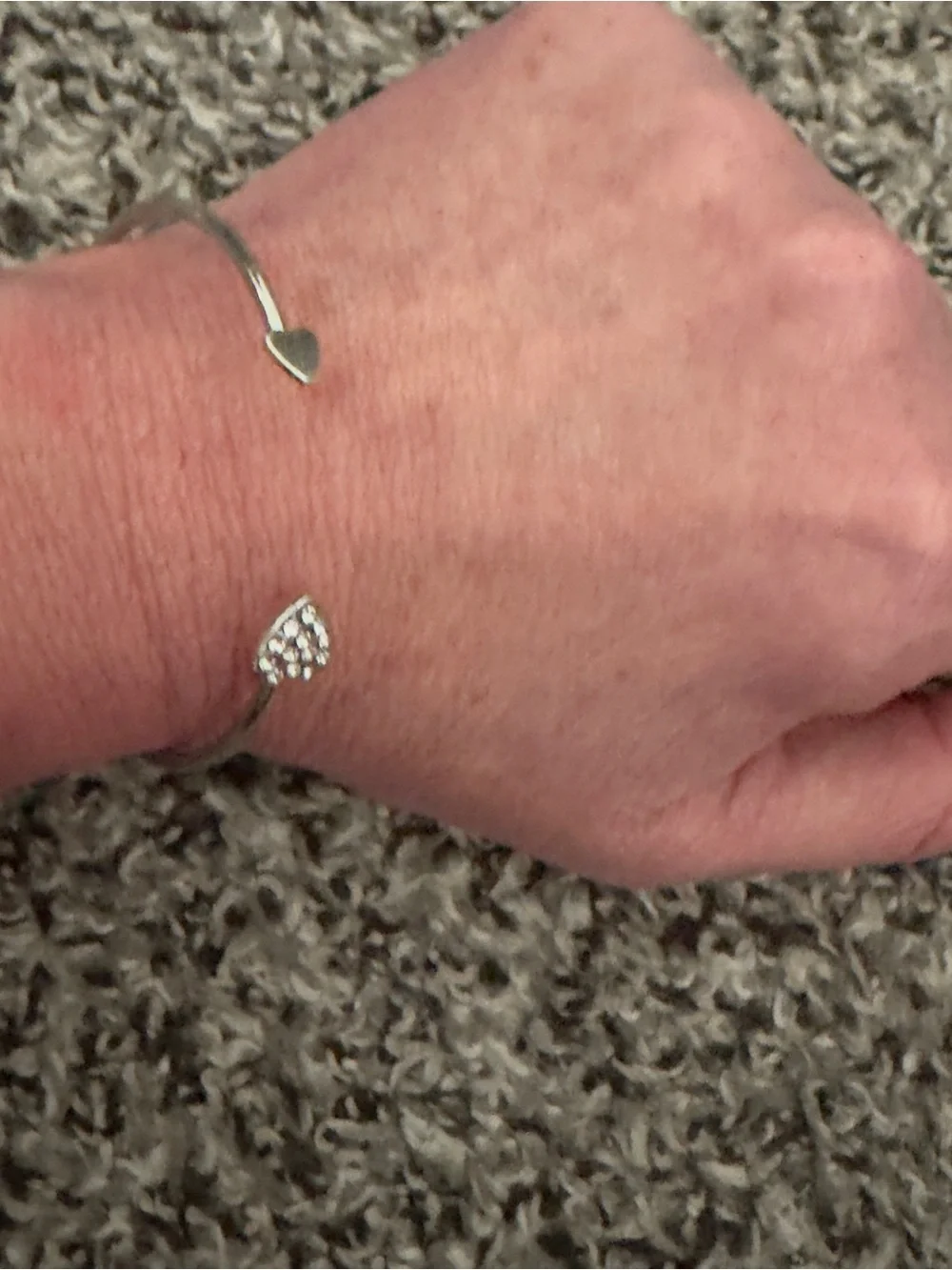 Delicate Silver Open Cuff Bracelet with Crystal Heart Accent